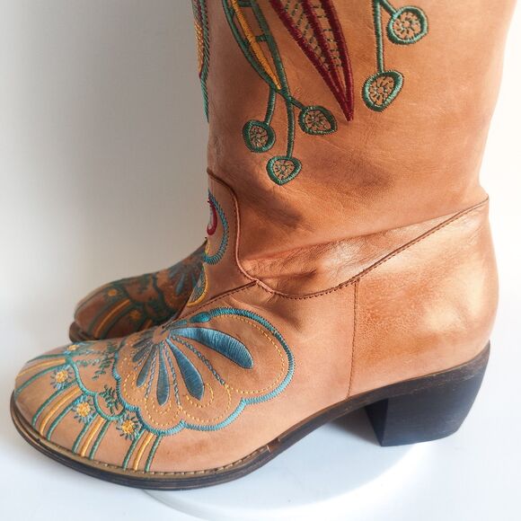 L'Artiste Knee High Tall Boots 10.5 - 11 / 42 Leather Embroidered Riding Boho - Picture 7 of 15